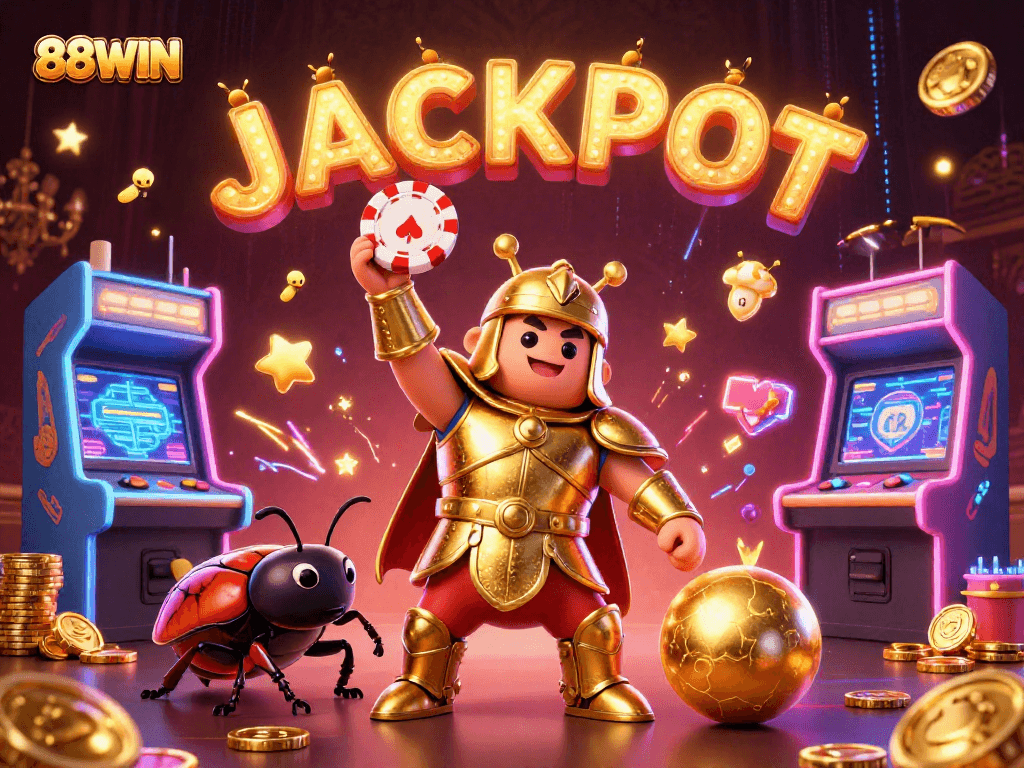 88WIN's hercules beetle conquers the gaming world, showcasing victory and jackpot excitement in vibrant 3D illustration