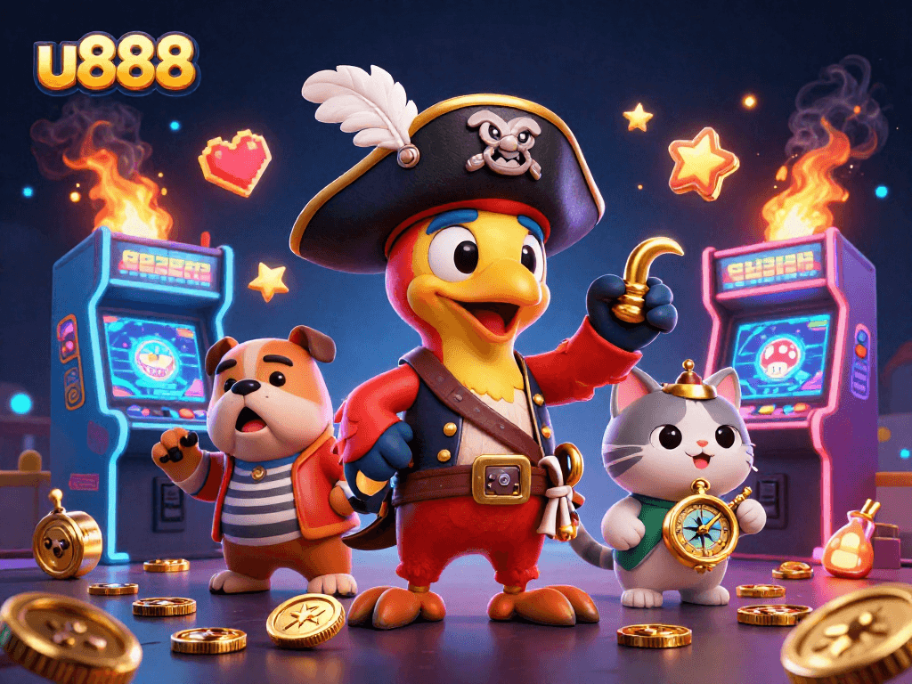 Spin the reels at u888 with vibrant 3D characters and dynamic gaming elements in this captivating illustration.