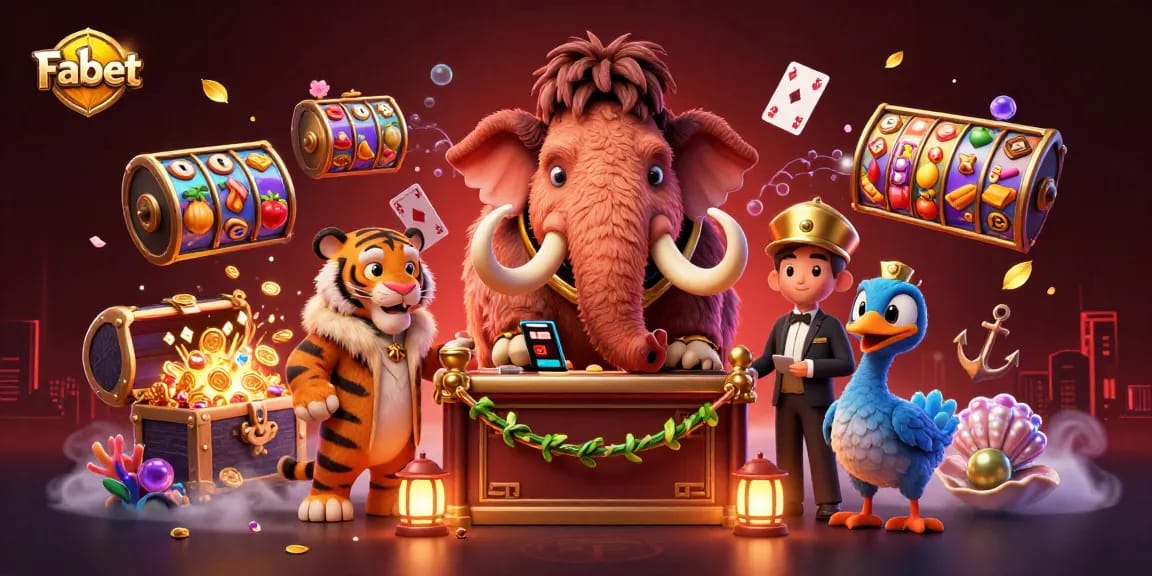 Fabet presents a vibrant 3D illustration featuring a casino bouncer and VIP characters set in an engaging casino atmosphere.