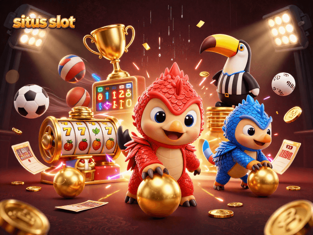 Gali kesenangan di situs slot dengan pangolins bersaing dan mesin slot yang menonjol, suasana penuh energi.