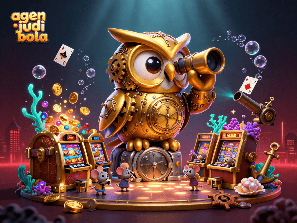 Engage with agen judi bola showcasing an owl observing the bustling casino floor, highlighting exciting betting action.