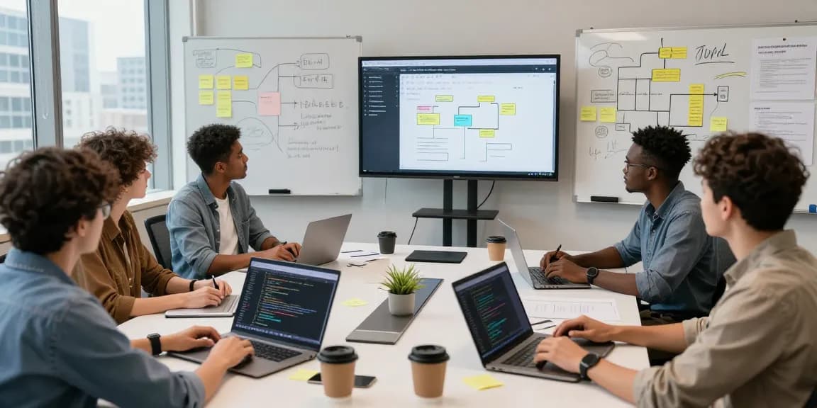 Build internal tools with AI in a collaborative workspace with diverse professionals brainstorming and developing solutions.