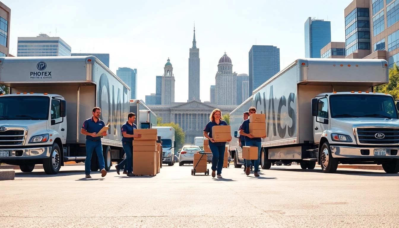 Efficient movers showcasing Affordable moving company Phoenix services amid a vibrant city backdrop.