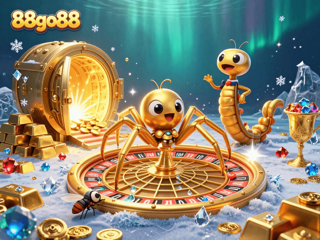 Place bets at 88go88 as a fly nervously approaches a golden roulette web with spider and centipede croupier.