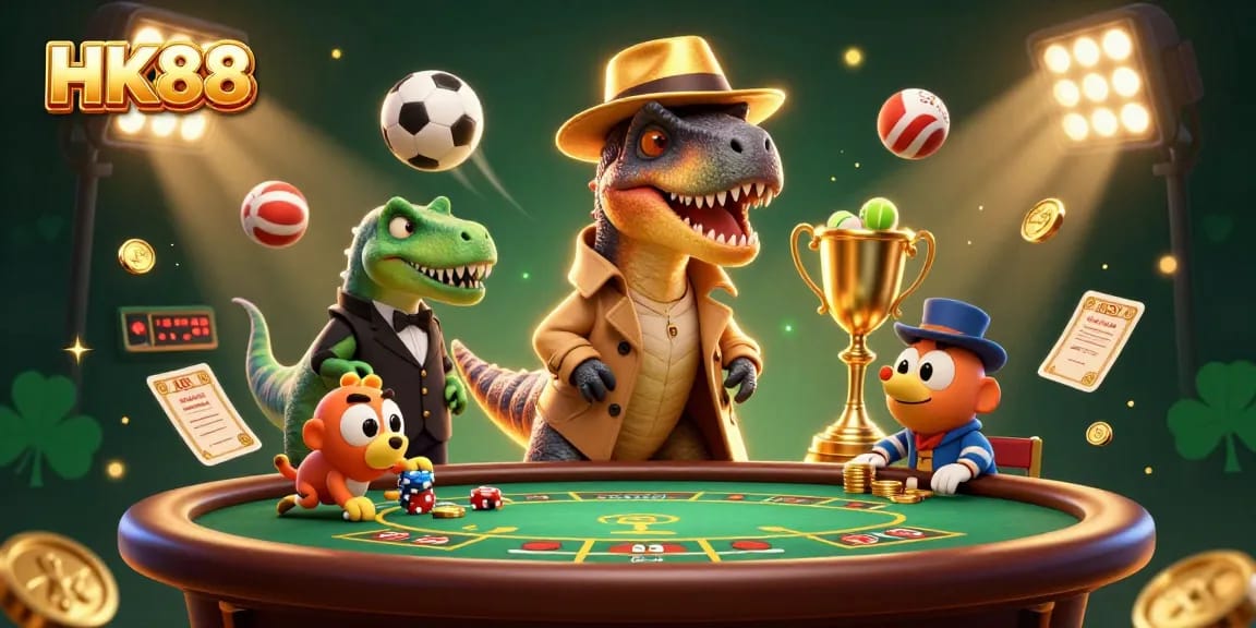 Experience thrilling action at HK88 with a velociraptor card counter at the blackjack table amidst vibrant gambling elements.