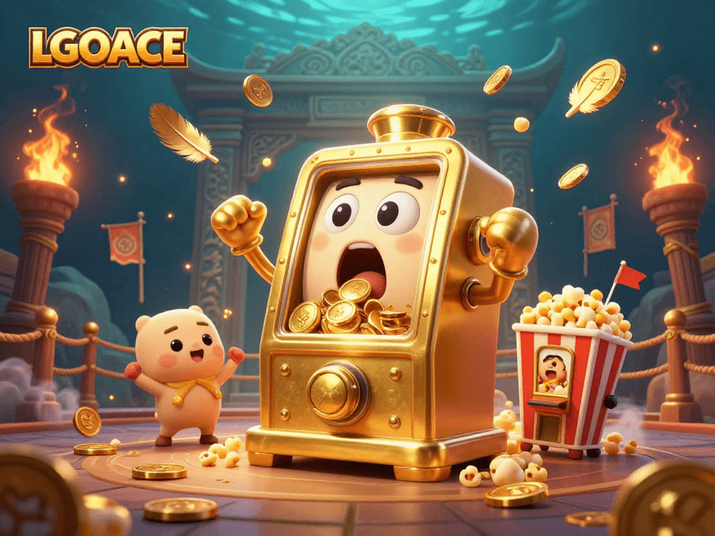 LGOACE golden slot machine hitting jackpot, coins pouring, amid cheering baby slots.