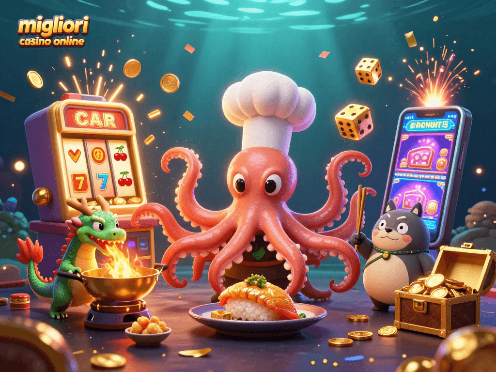 Scopri i migliori casino online con giochi avvincenti, slot e premi d'oro in un'illustrazione vivace.