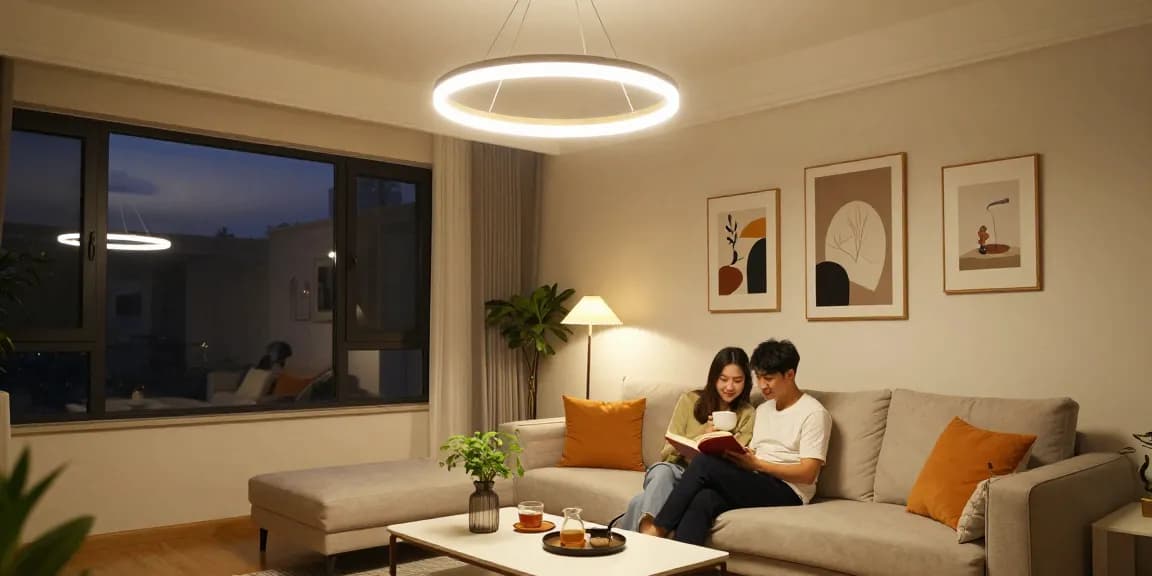 Lustra LED elegantă iluminând un living modern, cu o atmosferă primitoare.