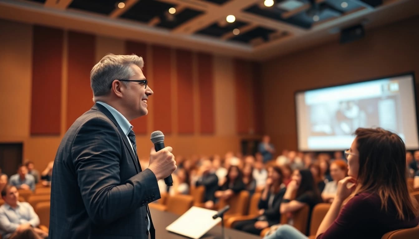 Engaging presentation during Public Speaking Training with enthusiastic audience interaction.