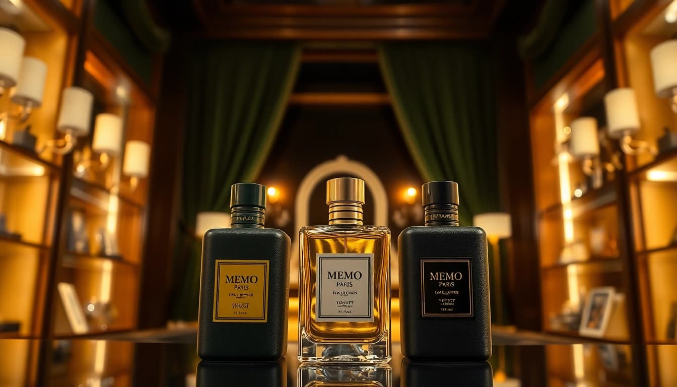 Explore the rich allure of irish leather memo paris showcased in an elegant perfume boutique.