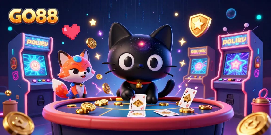 Experience GO88 with an enchanting black hole cat drawing in casino chips amidst vibrant gaming elements.