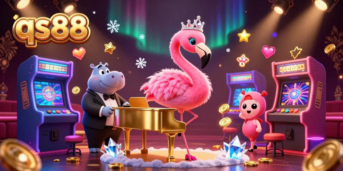 Engage with qs88's vibrant casino experience featuring dynamic characters, games, and colorful lighting.