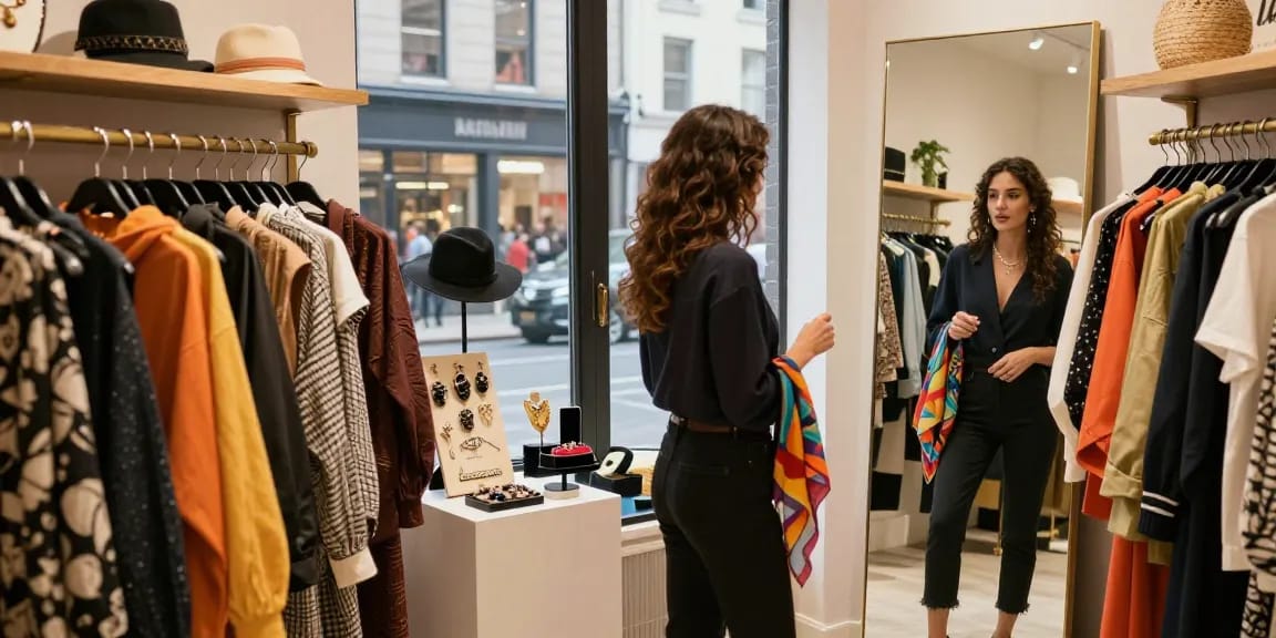 Consulente d'immagine mentre prova abiti in una boutique alla moda, esprimendo il suo stile unico.