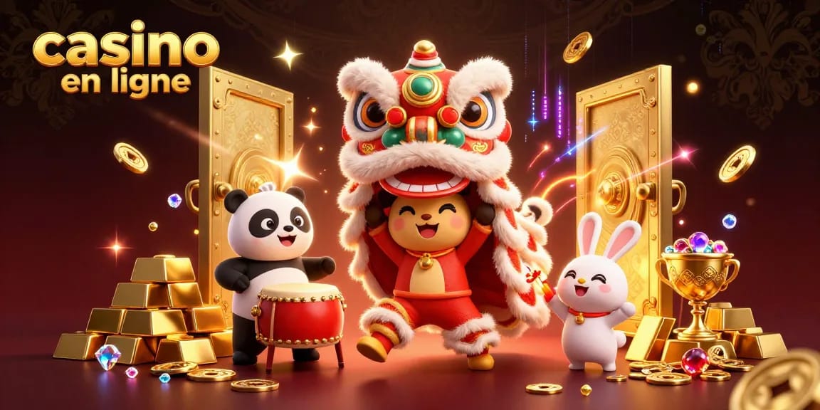 casino en ligne : Lion dansant et panda au milieu de trésors dorés et de joyaux éblouissants.