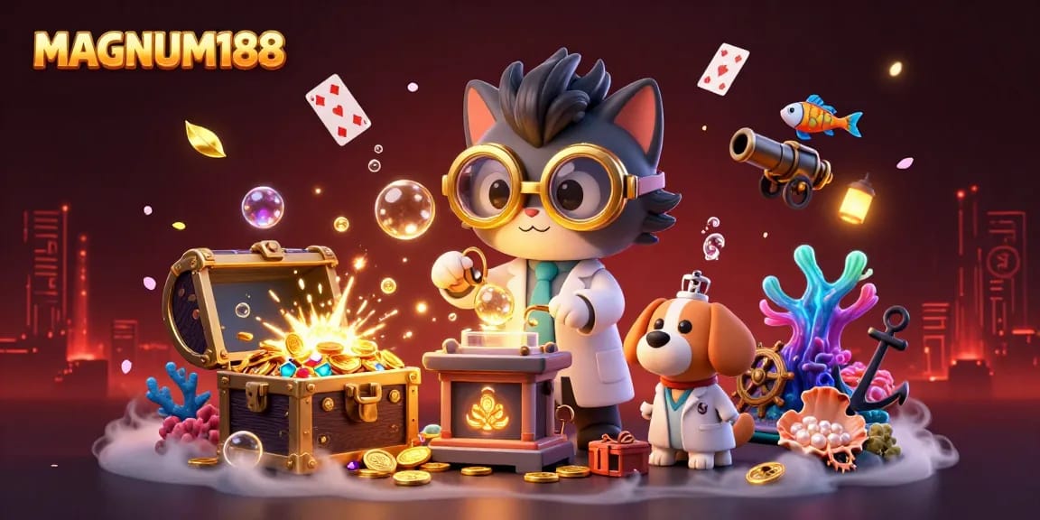 Experience the excitement of MAGNUM188 with a vibrant 3D illustration featuring a mad scientist cat creating a gold-coin machine.