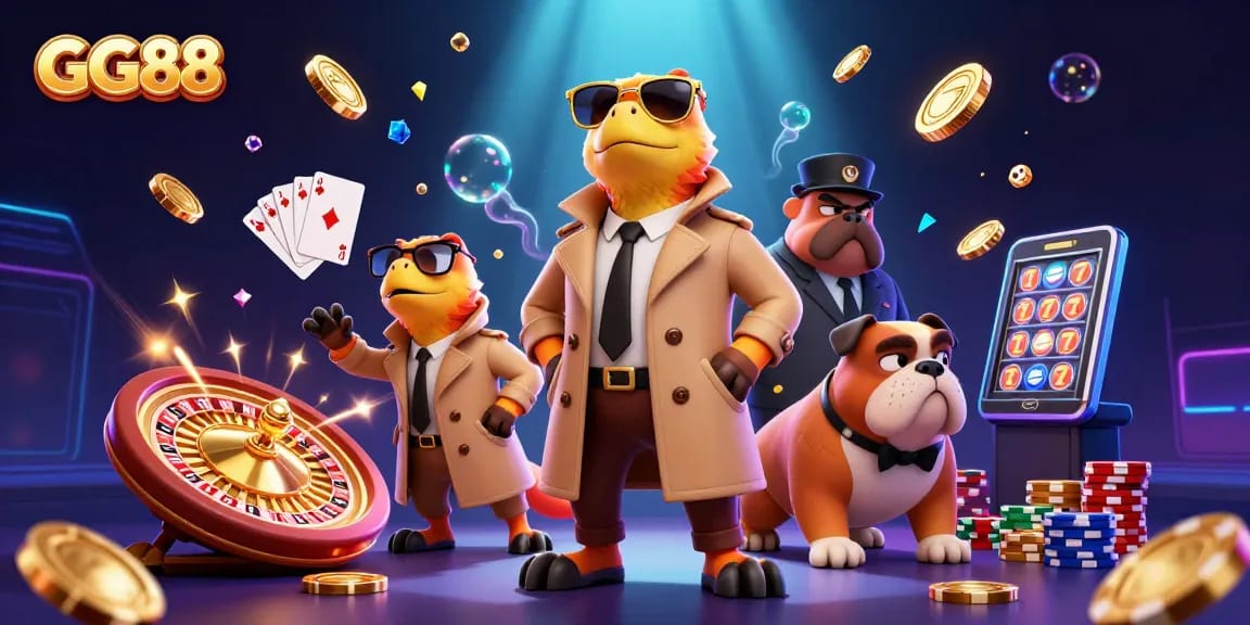 Experience thrilling gaming with GG88, where raptors enter a VIP lounge amidst dazzling casino elements.
