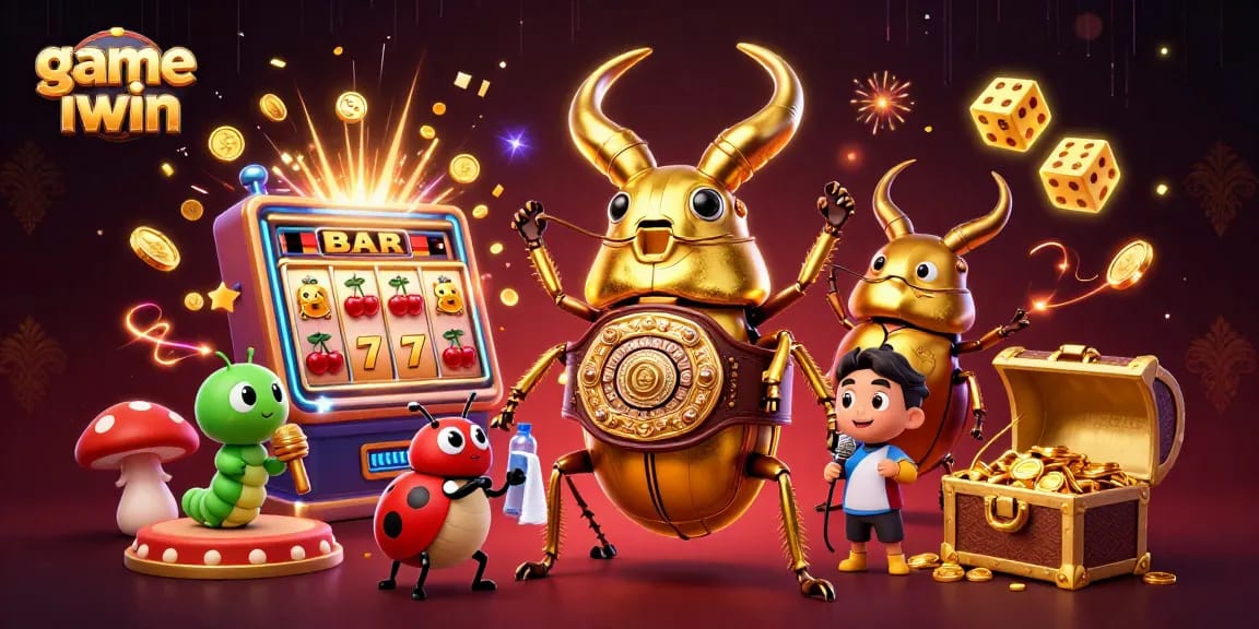 Engage in thrilling action with game iwin, featuring a giant stag beetle champion in a vibrant casino scene.