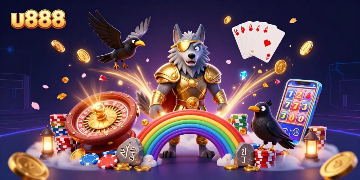 Engage in thrilling gambling action with u888, featuring vibrant Norse characters and casino elements.
