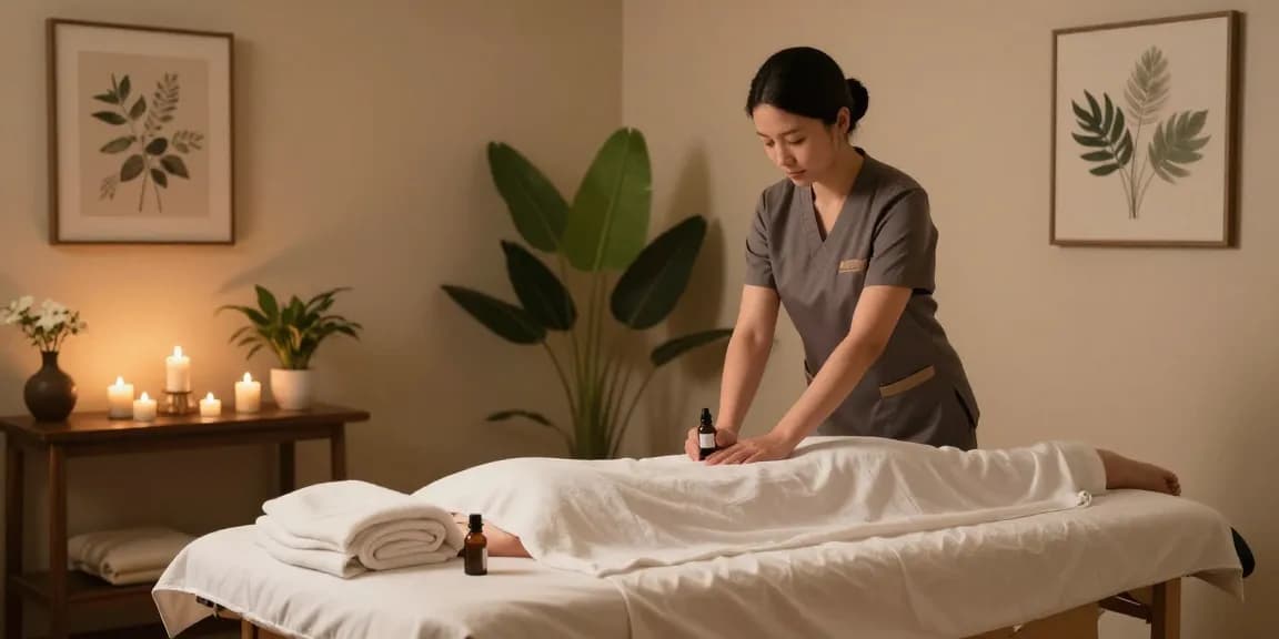 마사지 치료를 위한 편안한 스파 환경과 아로마 향초.