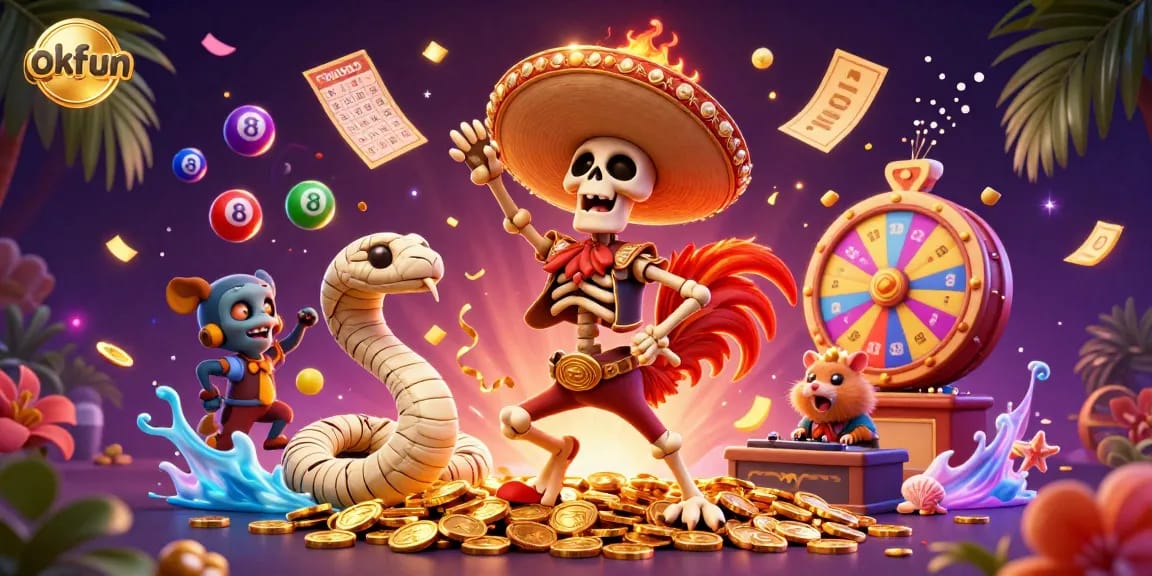 Experience the vibrant okfun casino scene with lively characters, colorful lottery elements, and a festive gambling atmosphere.