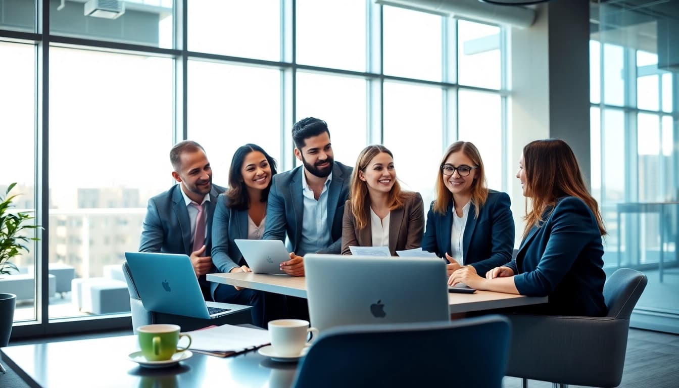 Temp agencies professionals collaborating in a bright, modern office setting.