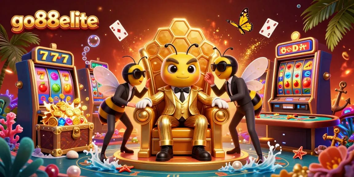 Join the excitement of go88elite with a vibrant 3D illustration showcasing a bee mob boss and casino elements.