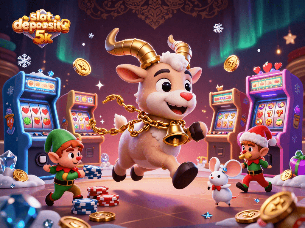 Experience the excitement of slot-deposit-5k with festive characters in a chaotic holiday casino environment.
