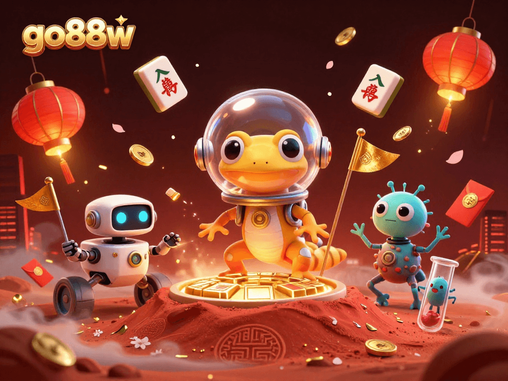 Experience go88w's vibrant casino adventure with an alien gecko discovering treasures in space.