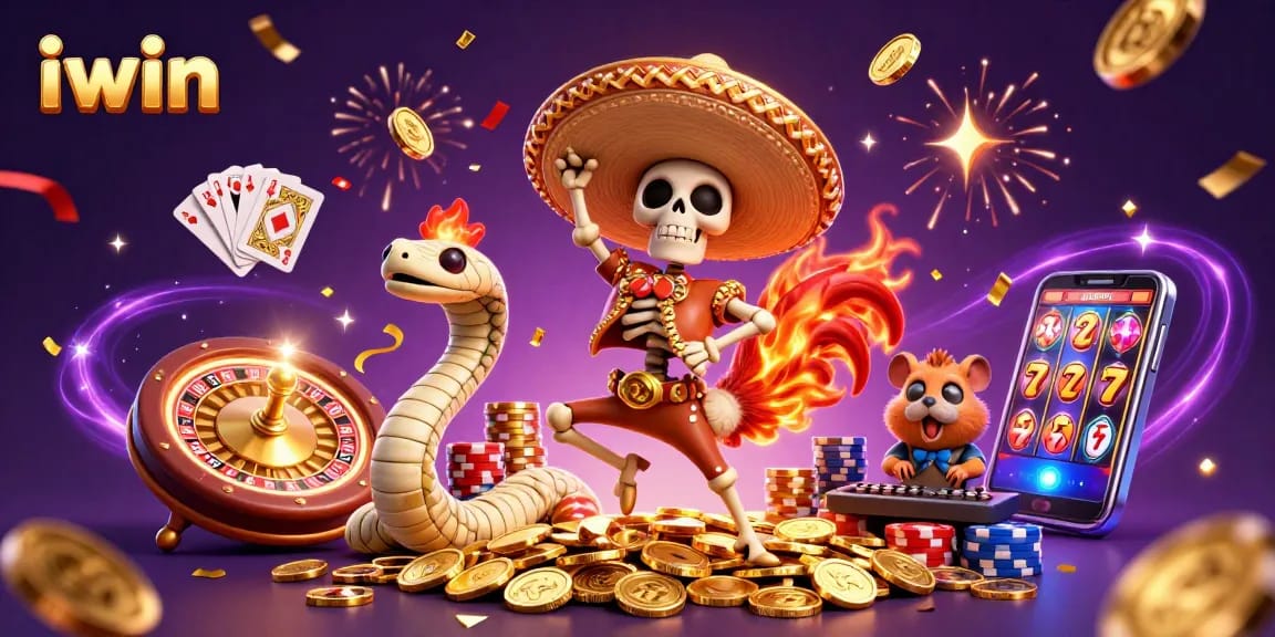 iwin showcases a thrilling casino scene with a mariachi rooster, mummy snake, and DJ hamster amidst colorful game elements.
