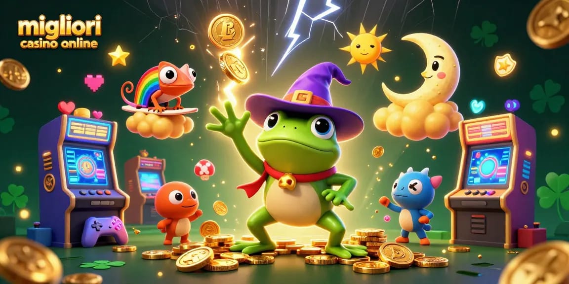 Scopri i migliori casino online mentre un mago rana crea una tempesta di monete d'oro.