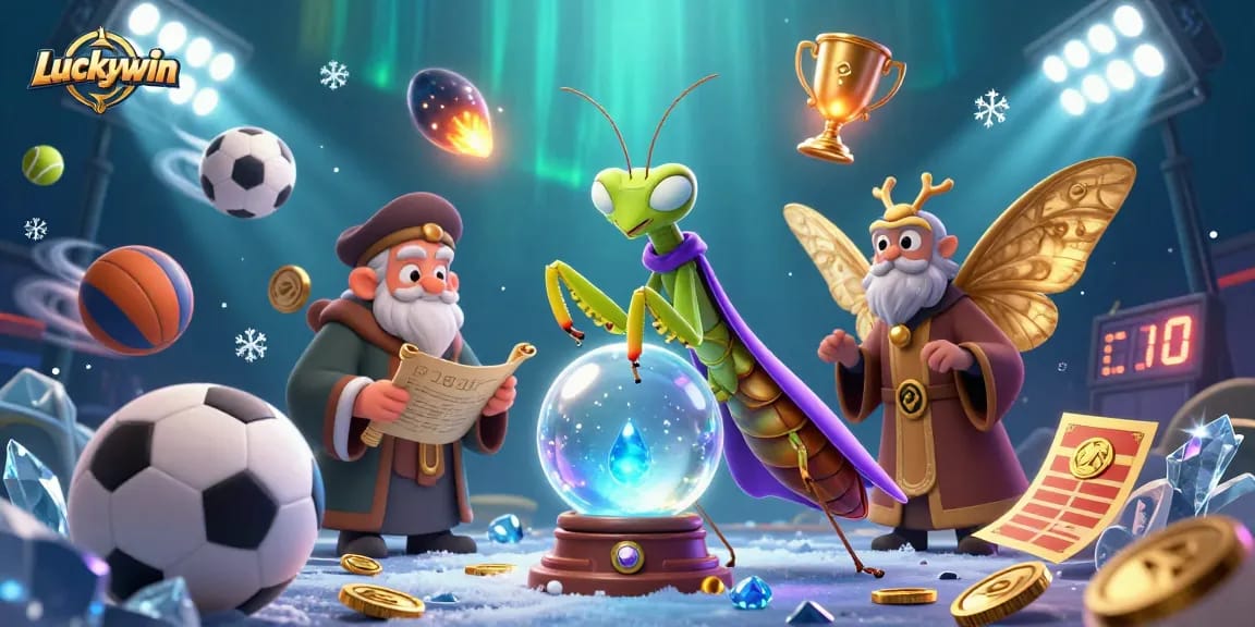 Luckywin reveals fortune through a dynamic fantasy scene with sports elements and mystical figures.