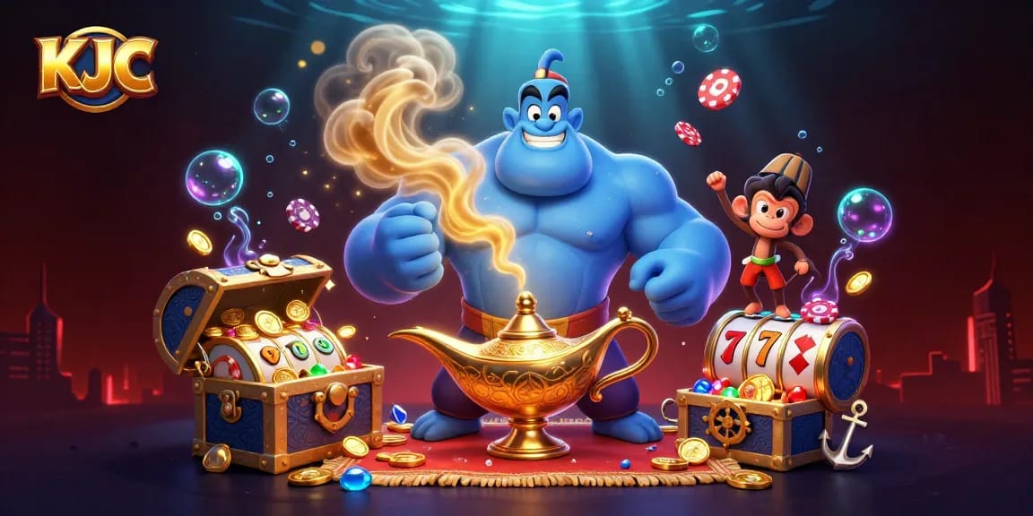 KJC invites players to engage in vibrant casino fun with a colorful slot-themed scene featuring playful characters.