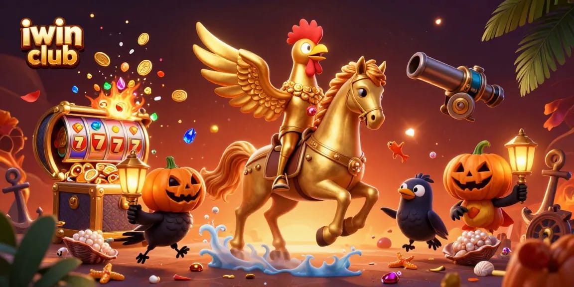 Join the excitement at iwin club, where a golden rooster and companions light up the casino scene.