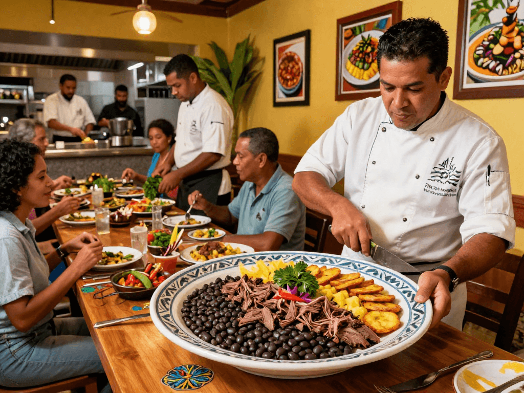 Delicious pabellon criollo served in a vibrant restaurant showcasing Caribbean dining culture, highlighting best pabellon criollo near me with inviting atmosphere.