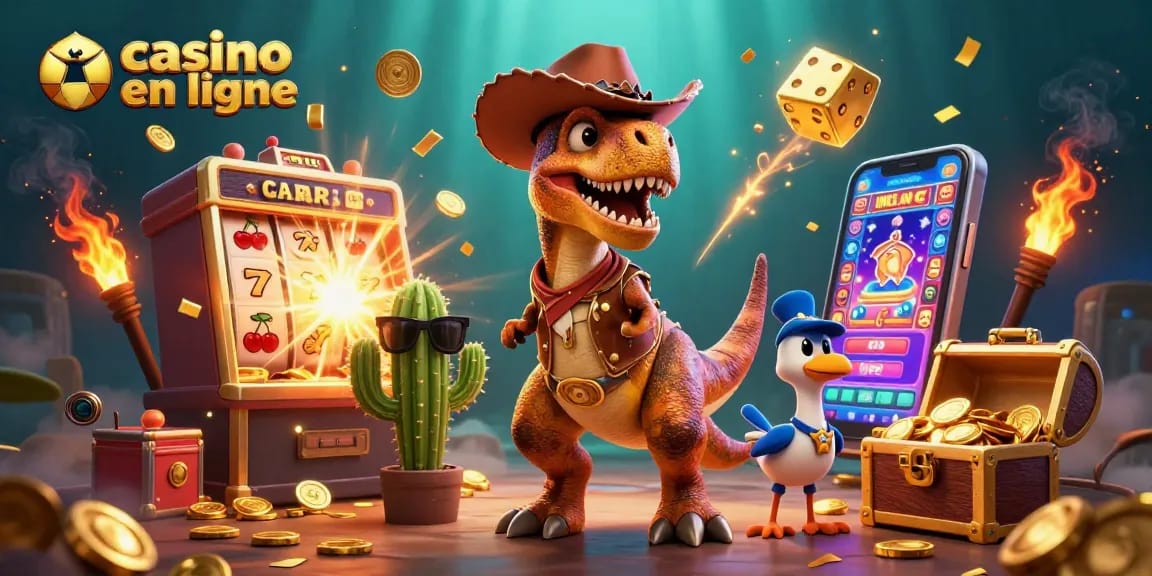 Illustration captivante sur le thème du casino en ligne avec des personnages animés et des éléments de jeu