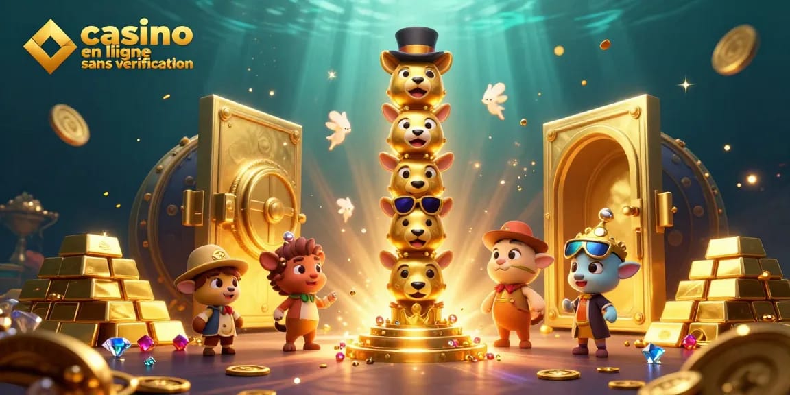Des machines à sous et des totems colorés illuminent l'univers des jeux au casino en ligne sans vérification.