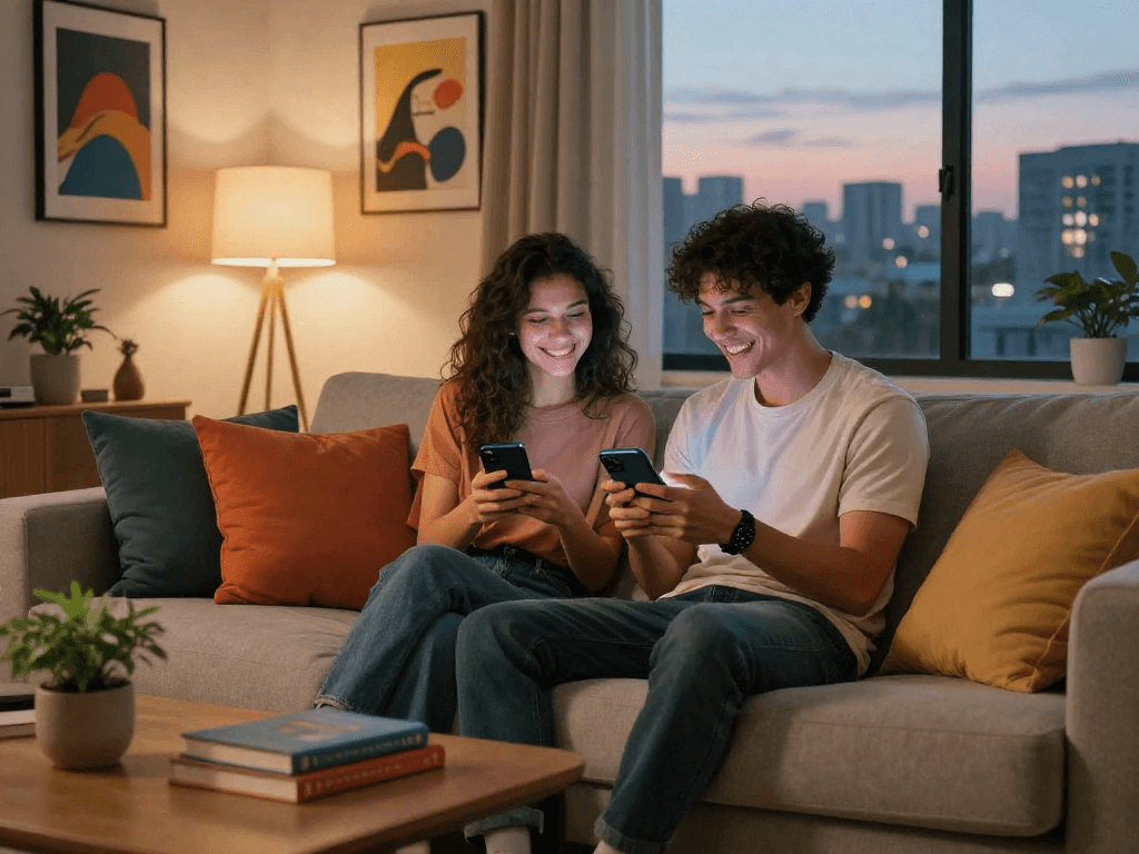 Young couple enjoying ai sexting in a stylish living room, showcasing digital connection.