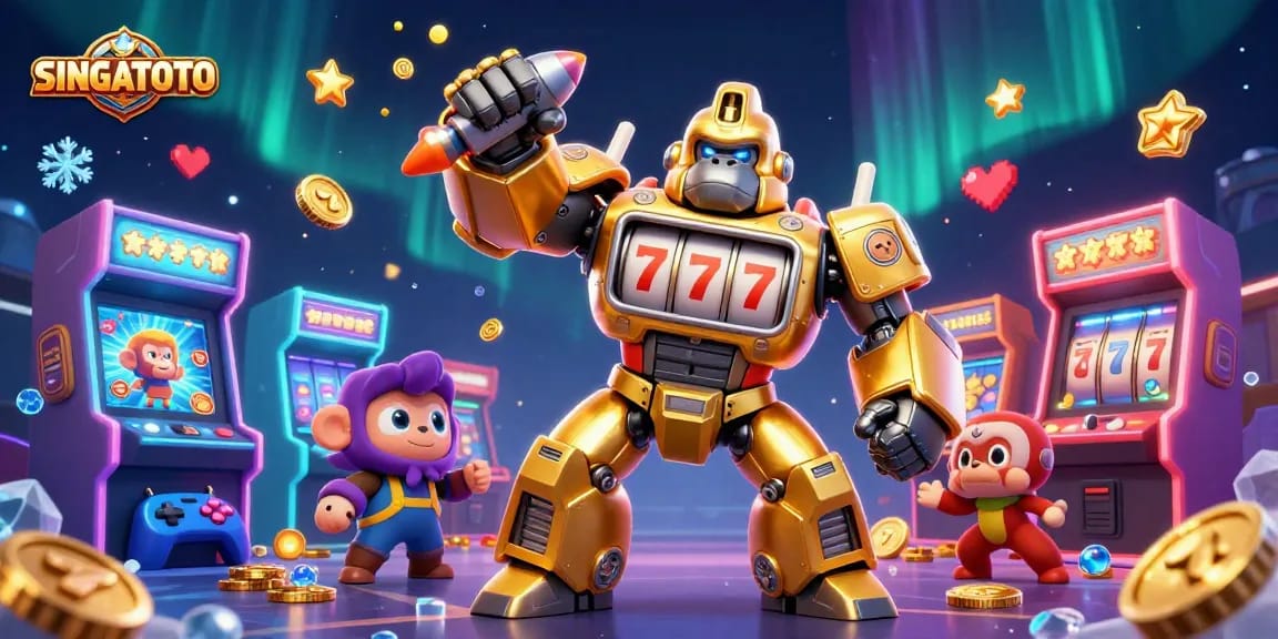 SINGATOTO menghadirkan senjata jackpot dengan gorila emas raksasa yang dirancang dari bagian mesin slot yang bersinar.