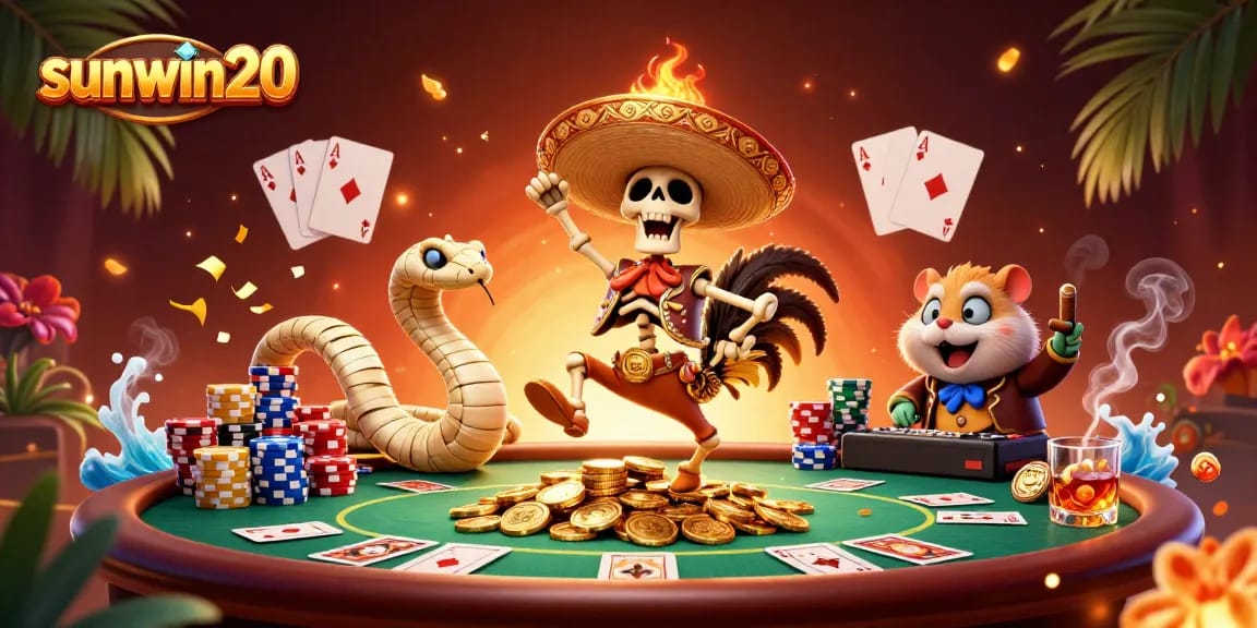 Winning with sunwin20 at the casino, featuring vibrant 3D characters and dynamic poker elements