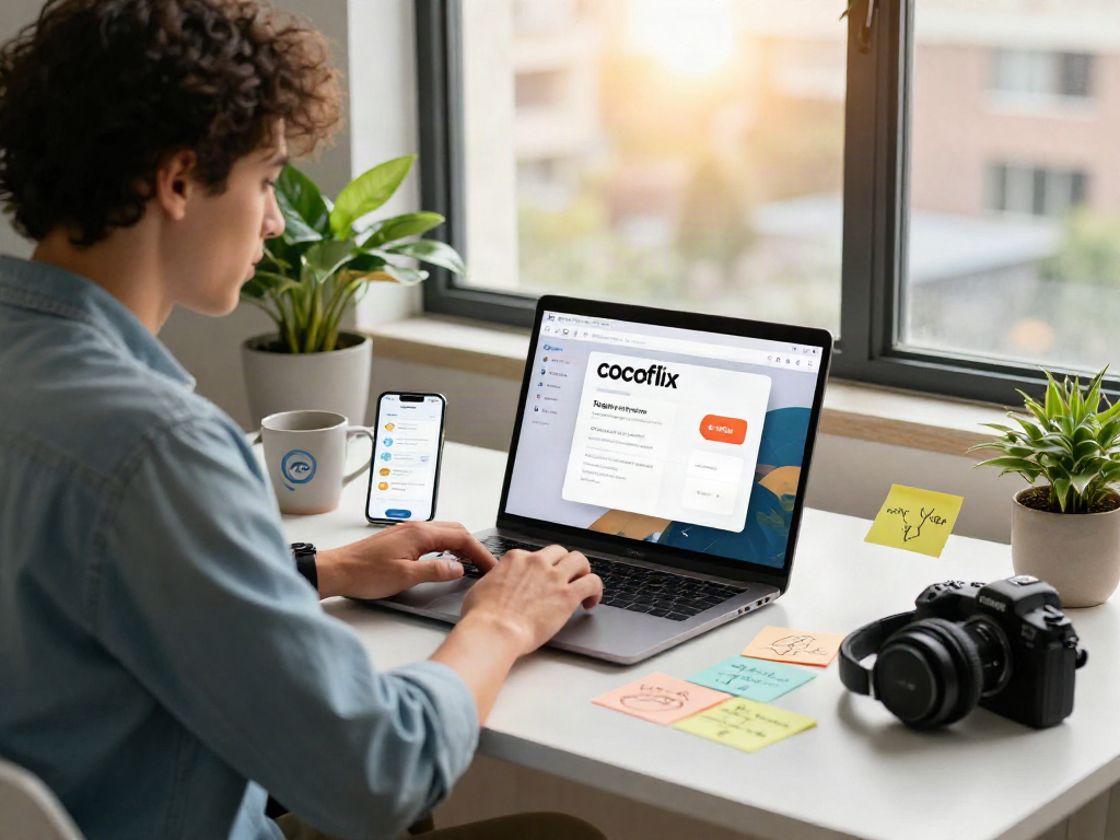 Showcasing the cocoflix app in a modern workspace with digital devices.