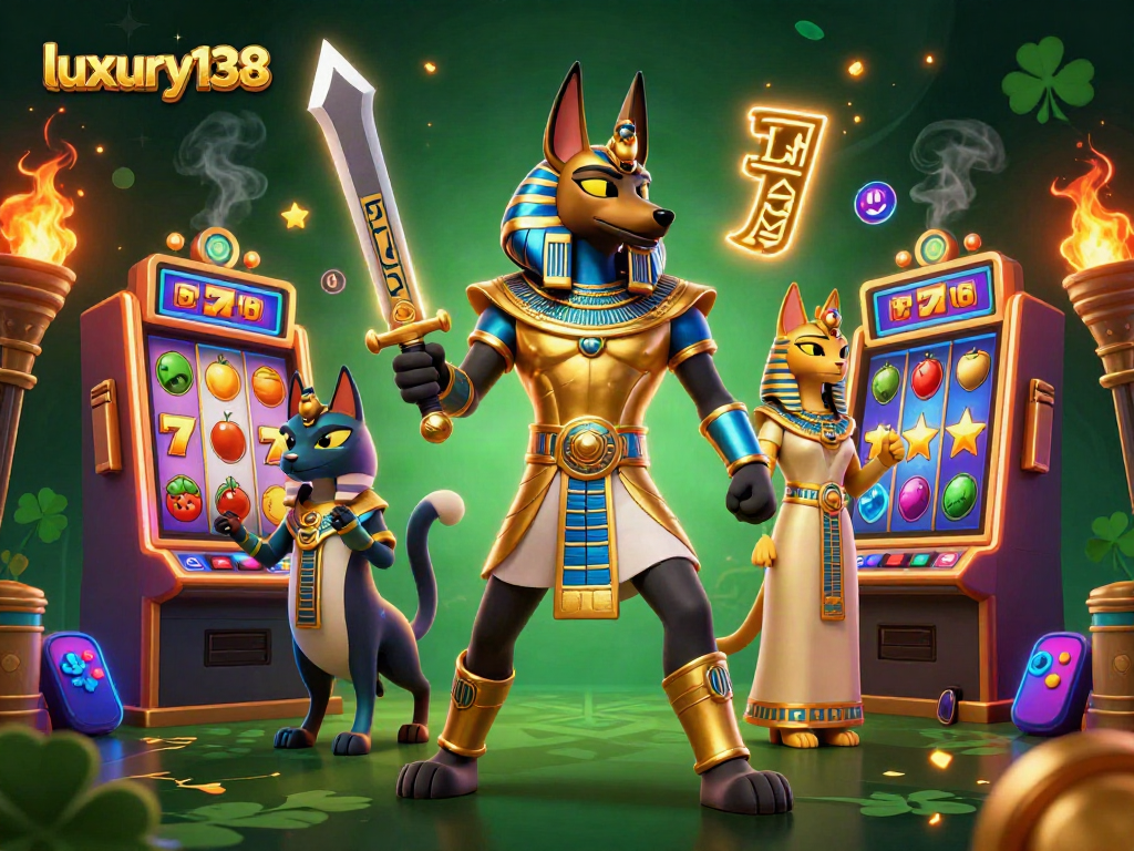 Permainan slot dengan luxury138, petarung Anubis beraksi di kasino digital penuh warna.