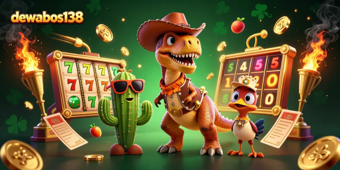 Spin the reels at dewabos138 with a vibrant scene featuring a T-Rex cowboy and slot game elements.