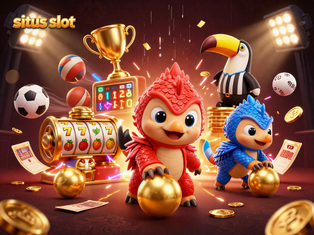 Gali kesenangan di situs slot dengan pangolins bersaing dan mesin slot yang menonjol, suasana penuh energi.