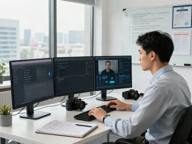 Cybersecurity expert ensuring Deepfake protected Online Video Calls in a modern virtual workspace.