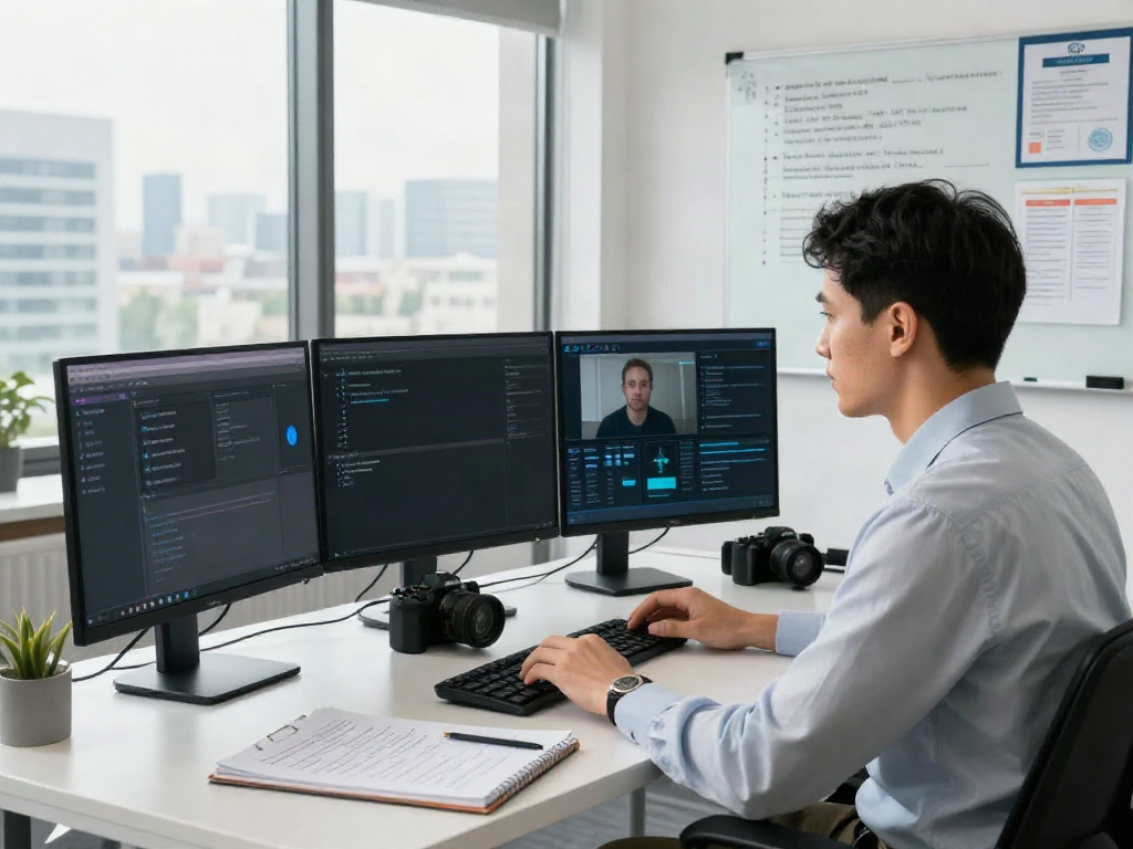 Cybersecurity expert ensuring Deepfake protected Online Video Calls in a modern virtual workspace.