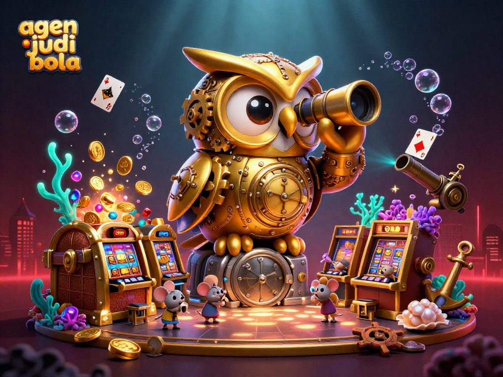 Engage with agen judi bola showcasing an owl observing the bustling casino floor, highlighting exciting betting action.