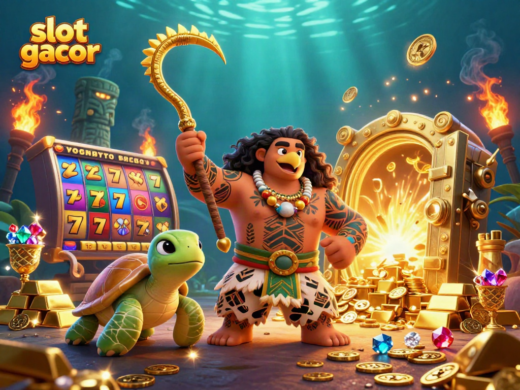 Engage in exciting slot gacor gameplay with vibrant characters and jackpot reels in a dynamic casino scene.