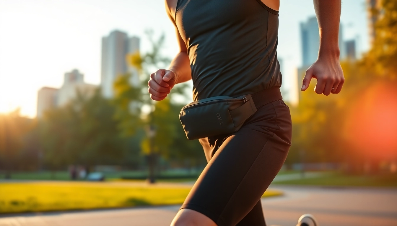 Runner showcasing the STRYQ running belt in a vibrant urban park setting during sunrise.