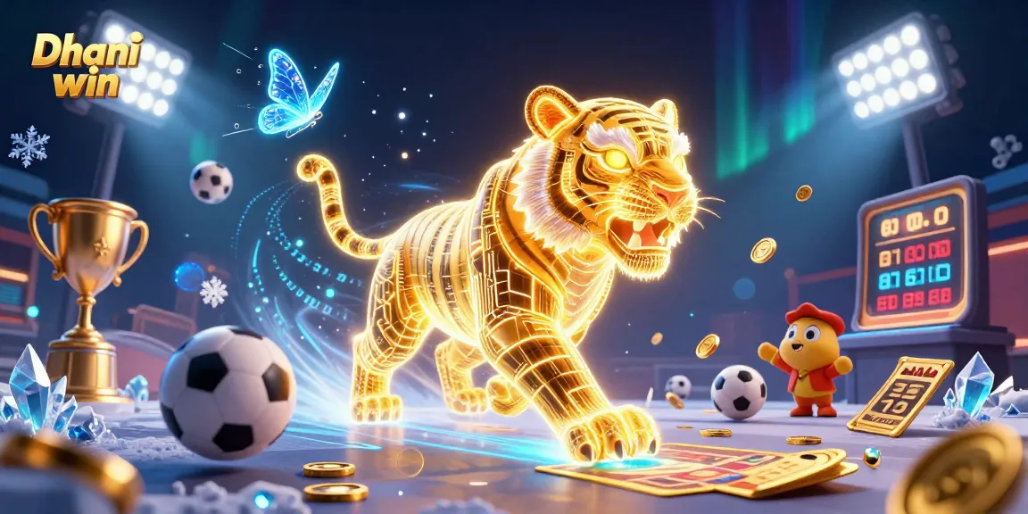 Engaging Dhani win gaming scene featuring a golden tiger and sports elements in vibrant colors.