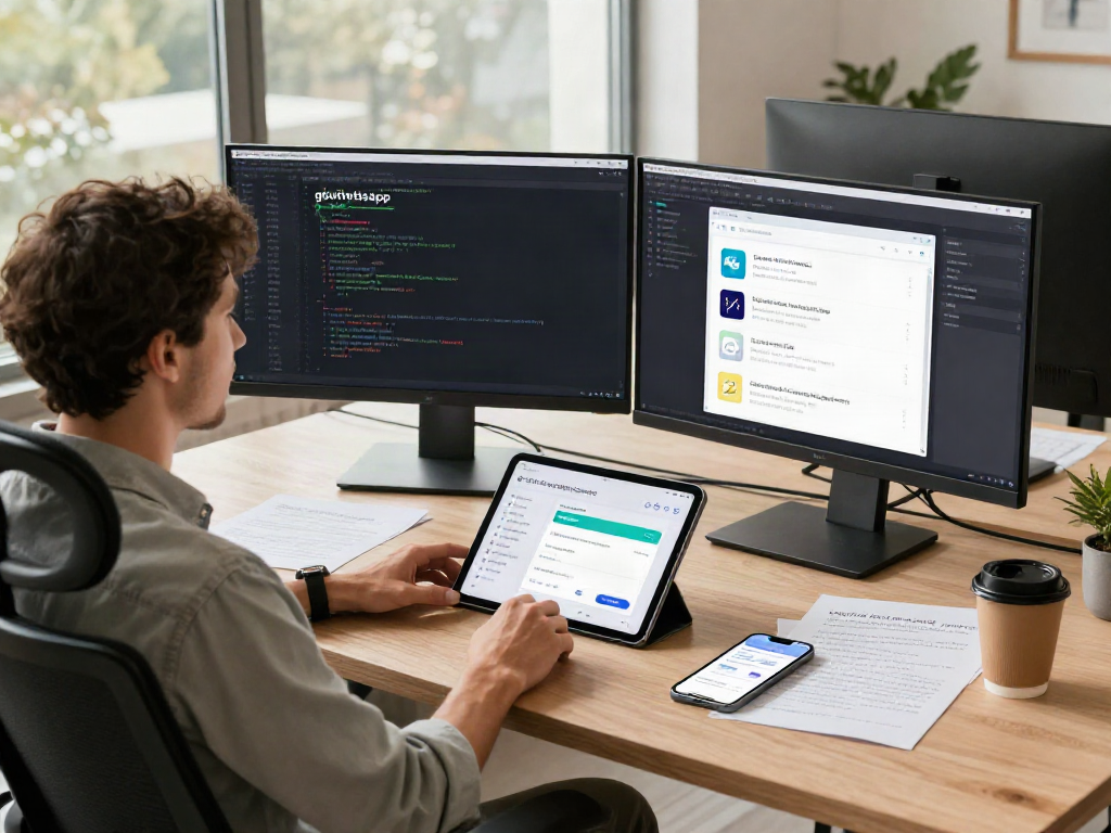 The developer working on gbwhatsapp with dual screens at a modern workspace.